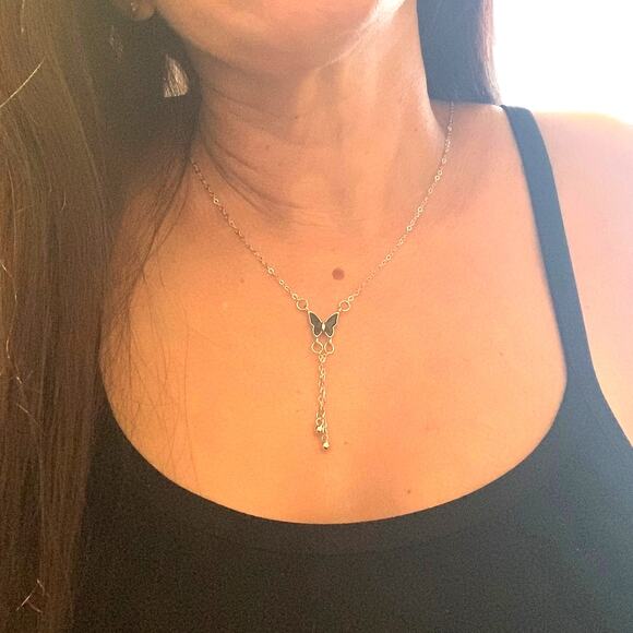 2/$30 Butterfly Tassel Necklace Silver Tone Classic Black Butterfly Simple - Picture 4 of 5